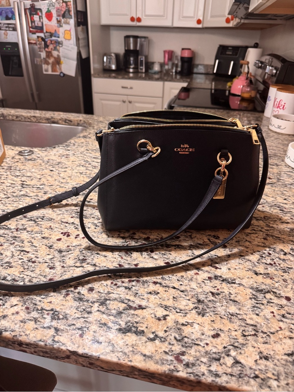 Coach Black Pebbled Leather Double-Zip Crossbody with Gold Hardware